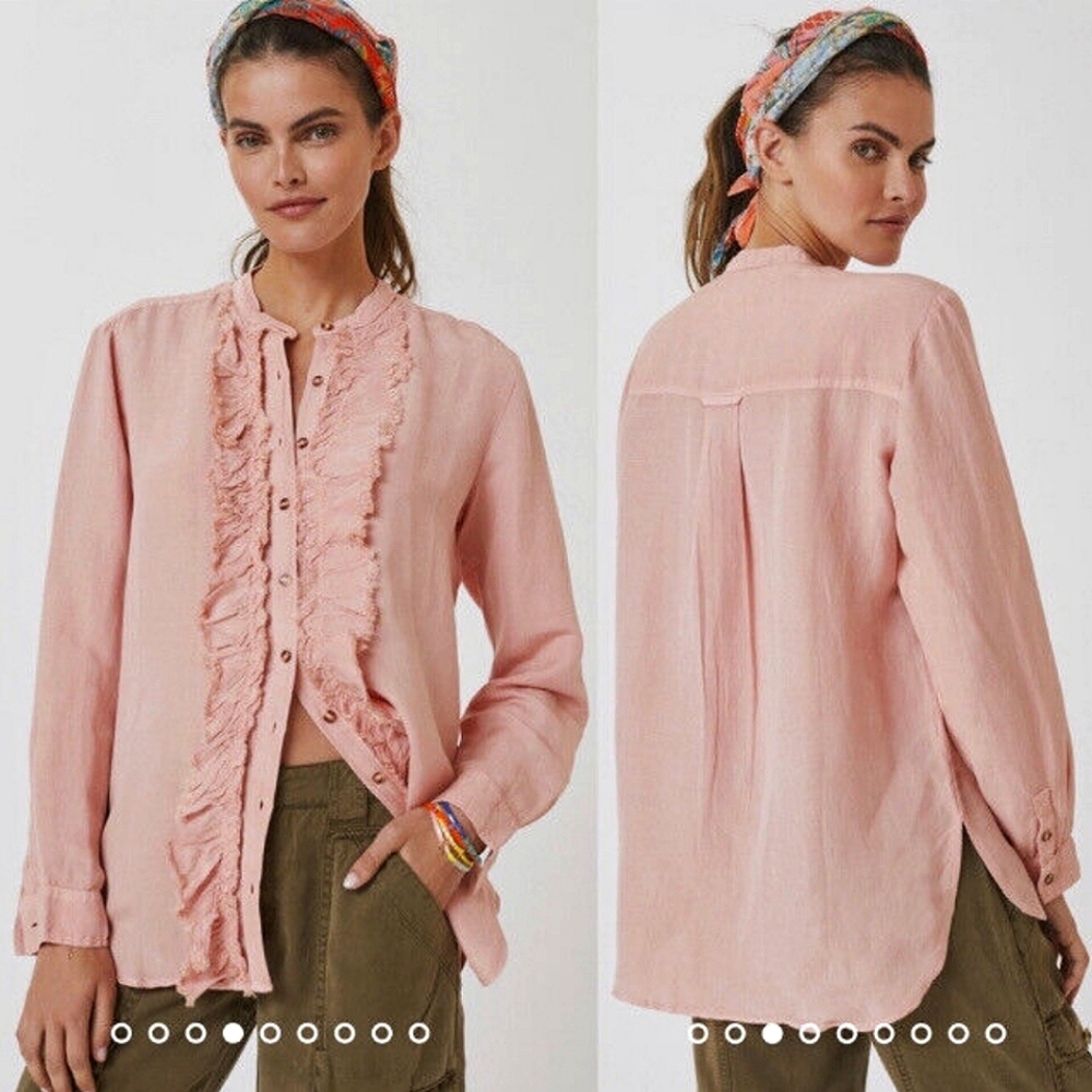 Anthropologie Blush Pink Ruffle-Trim Button-Front Blouse